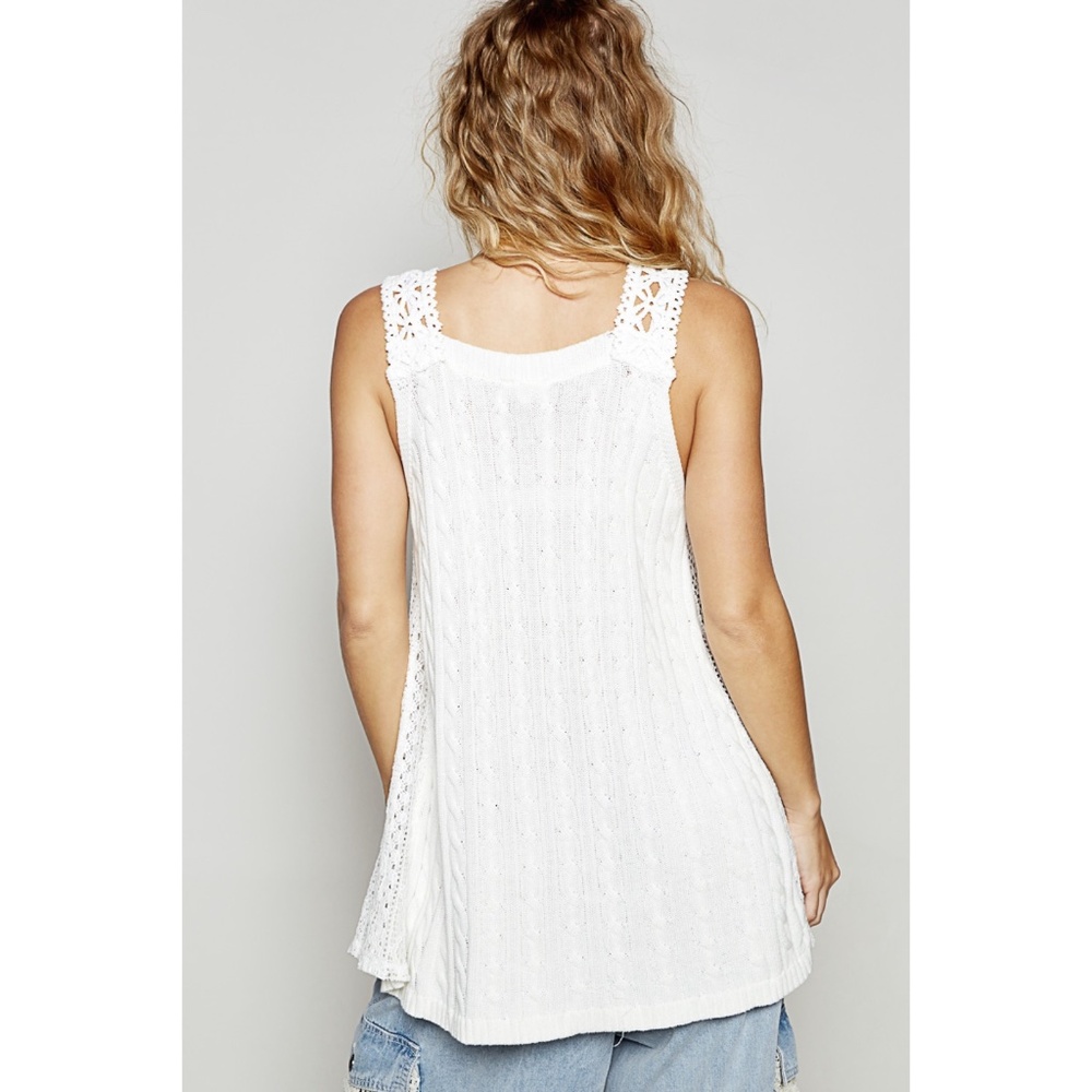 POL White Patchwork Sleeveless Lightweight Sweater Tunic | Crochet Lace Floral - Picture 4 of 5